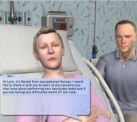 An adult woman lies in a hospital bed. Her husband is sitting by her bedside.