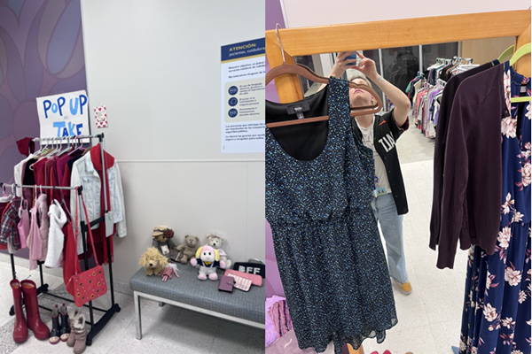 On the left, a rack of clothing with shoes underneath and stuffed animals on the side. On the right, two dresses hang on a full-length mirror.