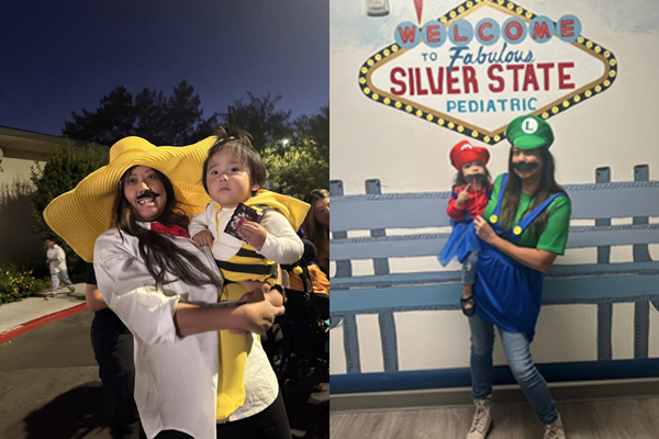 Left: Mickie wears a large yellow hat and carries a child dressed up as a bumblebee. Right: Mickie is dressed up as Luigi. She carries a child dressed up as Mario. Behind them, the wall is painted "Welcome to Fabulous Silver State Pediatric."