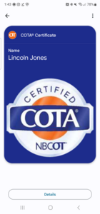 COTA digital wallet card on a mobile phone screen, displaying the certificant's name and the COTA digital badge.