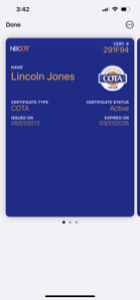 COTA digital wallet card on a mobile phone screen, displaying the certification number, name, type, status, issue date, and expiration date.