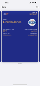 OTR digital wallet card on a mobile phone screen, displaying the certification number, name, type, status, issue date, and expiration date.